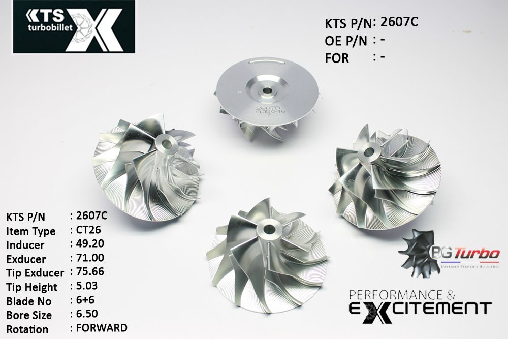 Turbo ROUE FORGÉE MFS PERFORMANCE - 6+6 PALES - INDUCER : 49,2 - EXDUCER : 71 - TYPE : CT26ANGLE : 65° - ROTATION : Forward - SUPER BACK : -1,37 - BORE SIZE : 6,5
